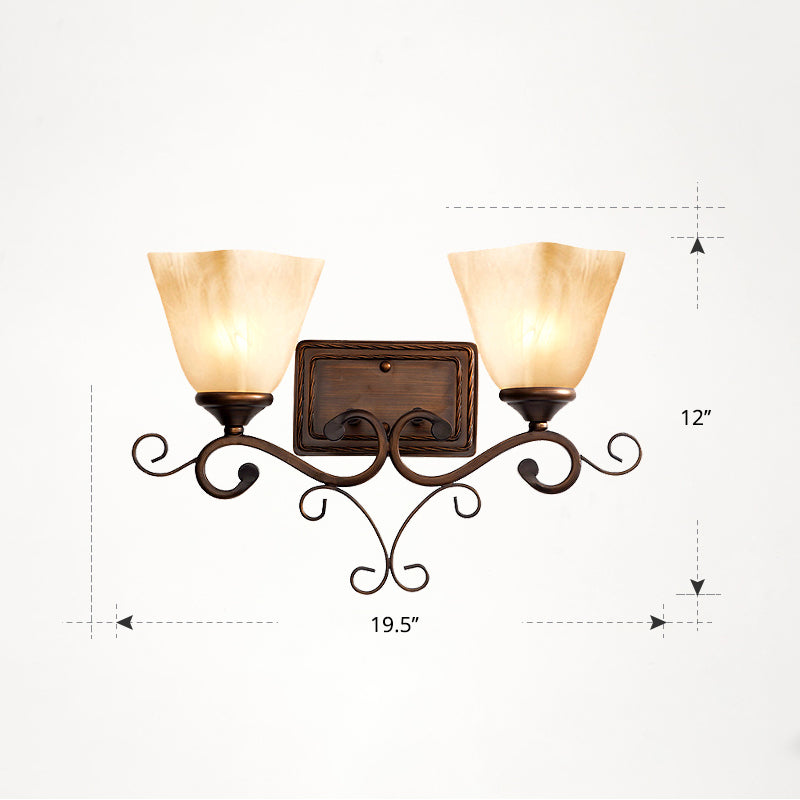 Beige Glass Shade Wall Lamp Country Dining Room Wall Sconce with Scroll Arm in Coffee 2.0 Coffee Flared Clearhalo 'Wall Lamps & Sconces' 'Wall Lights' Lighting' 2405612