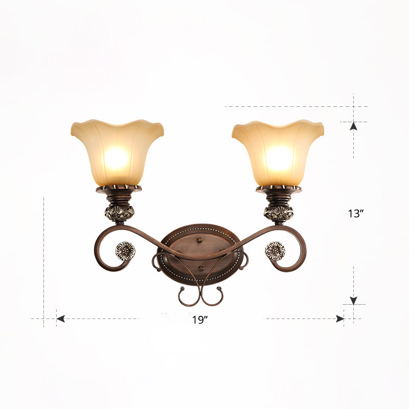 Beige Glass Shade Wall Lamp Country Dining Room Wall Sconce with Scroll Arm in Coffee 2.0 Coffee Flower Shape Clearhalo 'Wall Lamps & Sconces' 'Wall Lights' Lighting' 2405613