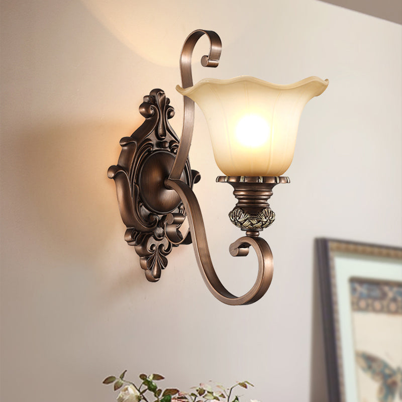 Beige Glass Shade Wall Lamp Country Dining Room Wall Sconce with Scroll Arm in Coffee Clearhalo 'Wall Lamps & Sconces' 'Wall Lights' Lighting' 2405614