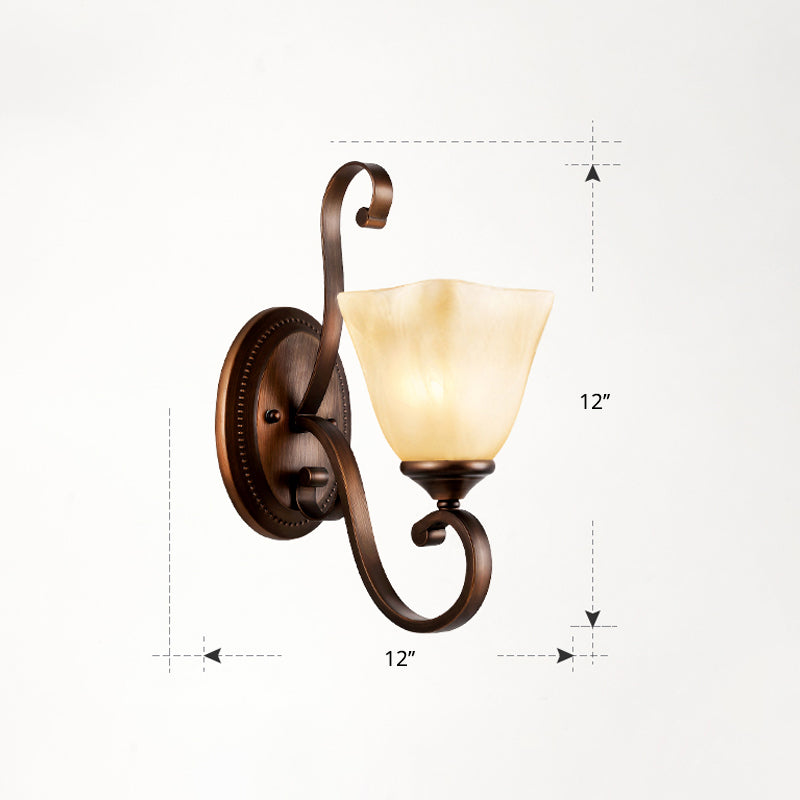 Beige Glass Shade Wall Lamp Country Dining Room Wall Sconce with Scroll Arm in Coffee 1.0 Coffee Flared Clearhalo 'Wall Lamps & Sconces' 'Wall Lights' Lighting' 2405615