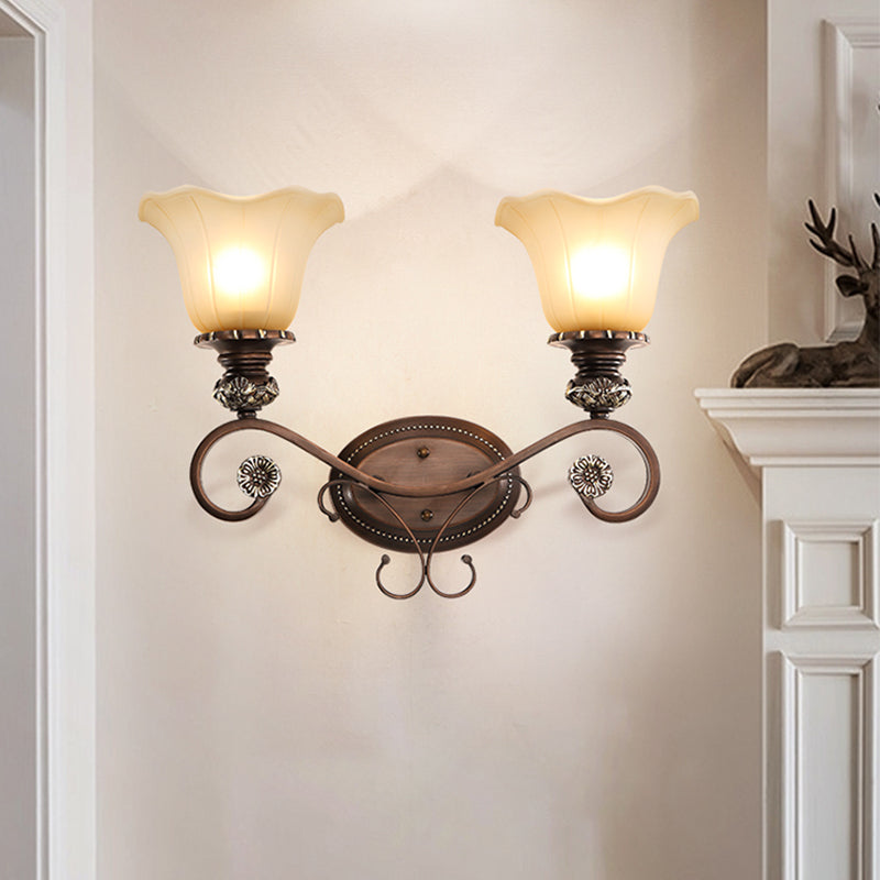 Beige Glass Shade Wall Lamp Country Dining Room Wall Sconce with Scroll Arm in Coffee Clearhalo 'Wall Lamps & Sconces' 'Wall Lights' Lighting' 2405616