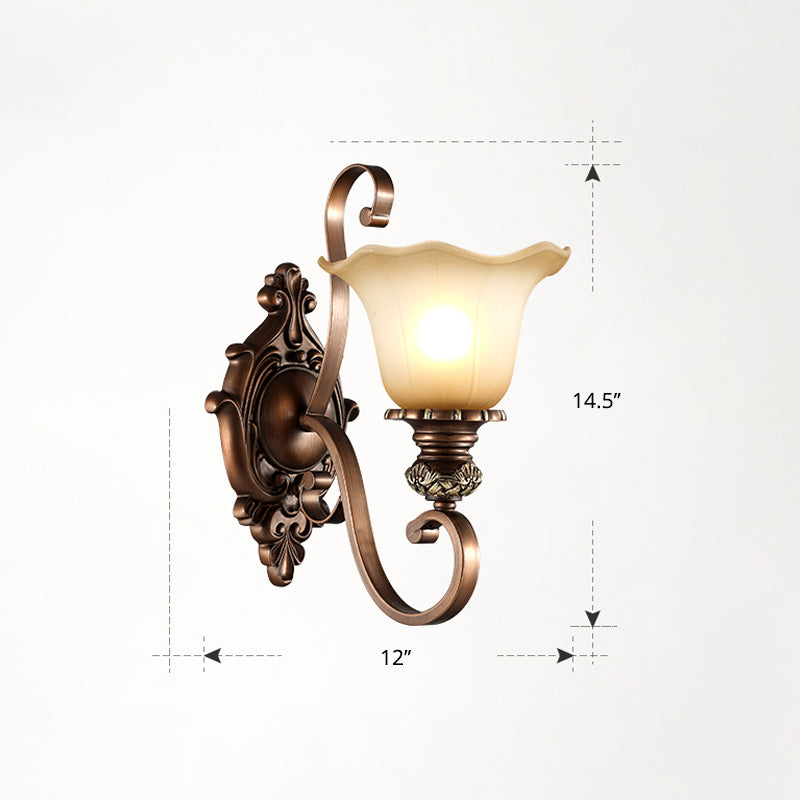 Beige Glass Shade Wall Lamp Country Dining Room Wall Sconce with Scroll Arm in Coffee 1.0 Coffee Flower Shape Clearhalo 'Wall Lamps & Sconces' 'Wall Lights' Lighting' 2405617