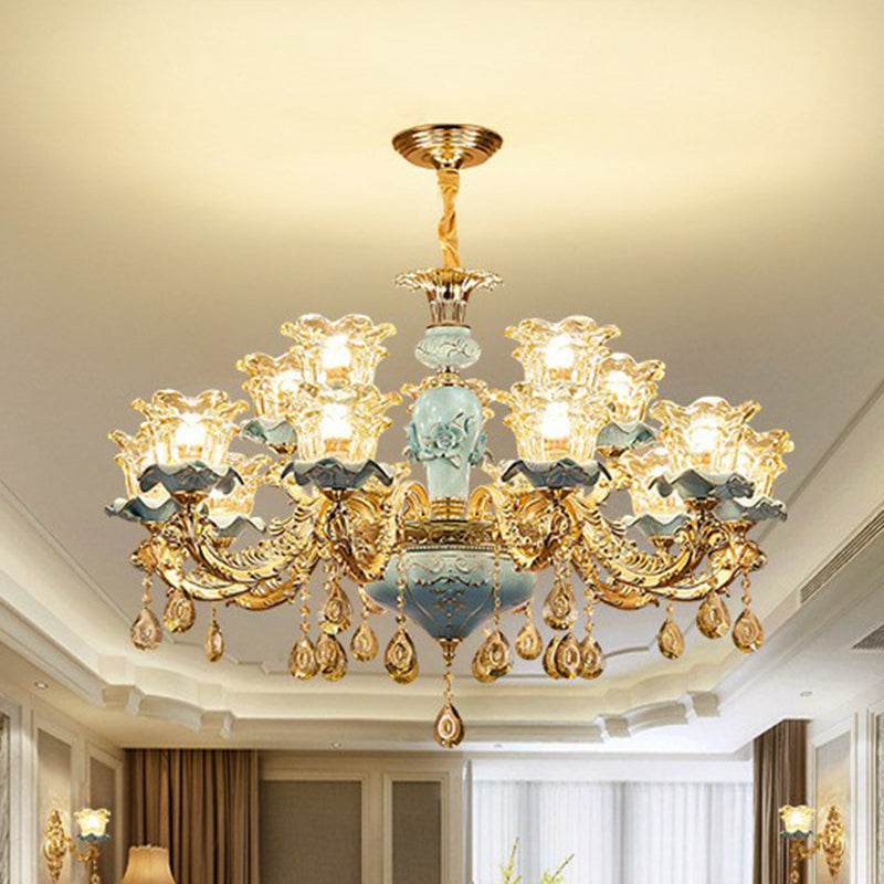 Blue Layered Flower Up Chandelier Traditional Clear Crystal Glass Bedroom Suspension Light Clearhalo 'Ceiling Lights' 'Chandeliers' Lighting' 2405717