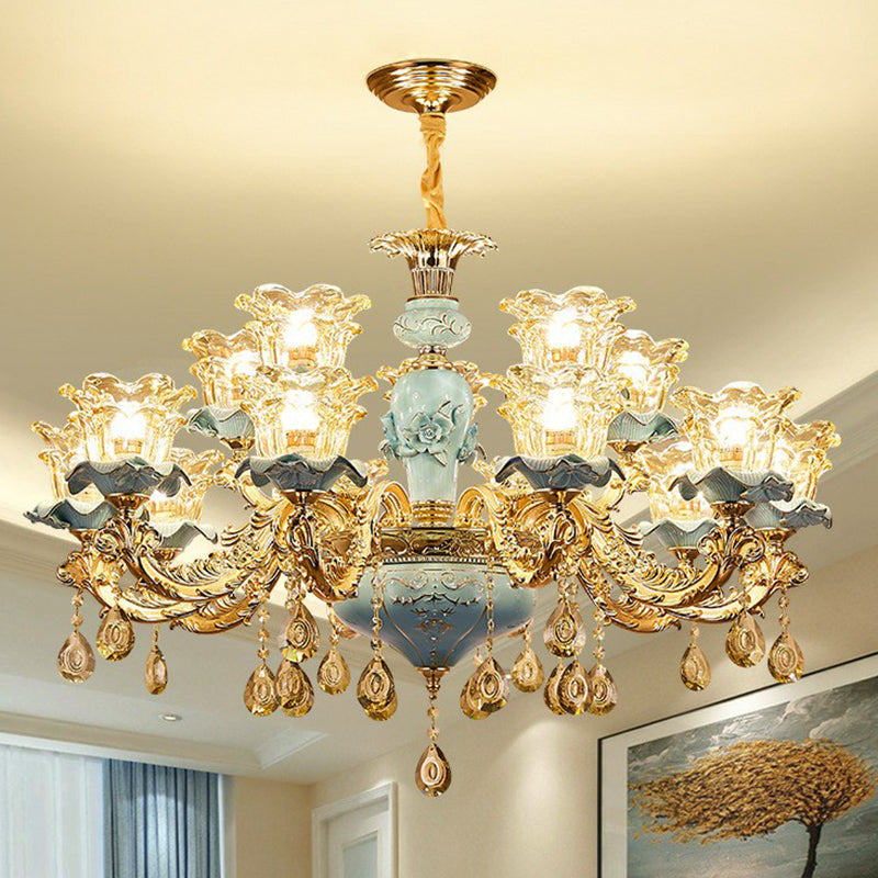 Blue Layered Flower Up Chandelier Traditional Clear Crystal Glass Bedroom Suspension Light Clearhalo 'Ceiling Lights' 'Chandeliers' Lighting' 2405718