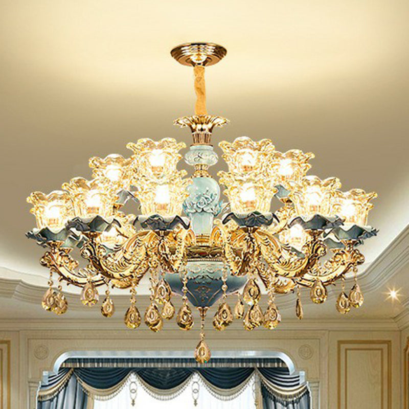 Blue Layered Flower Up Chandelier Traditional Clear Crystal Glass Bedroom Suspension Light Clearhalo 'Ceiling Lights' 'Chandeliers' Lighting' 2405719