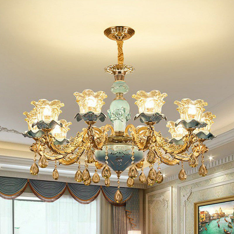 Blue Layered Flower Up Chandelier Traditional Clear Crystal Glass Bedroom Suspension Light Clearhalo 'Ceiling Lights' 'Chandeliers' Lighting' 2405720