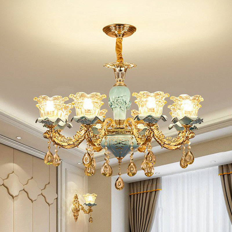 Blue Layered Flower Up Chandelier Traditional Clear Crystal Glass Bedroom Suspension Light Clearhalo 'Ceiling Lights' 'Chandeliers' Lighting' 2405721