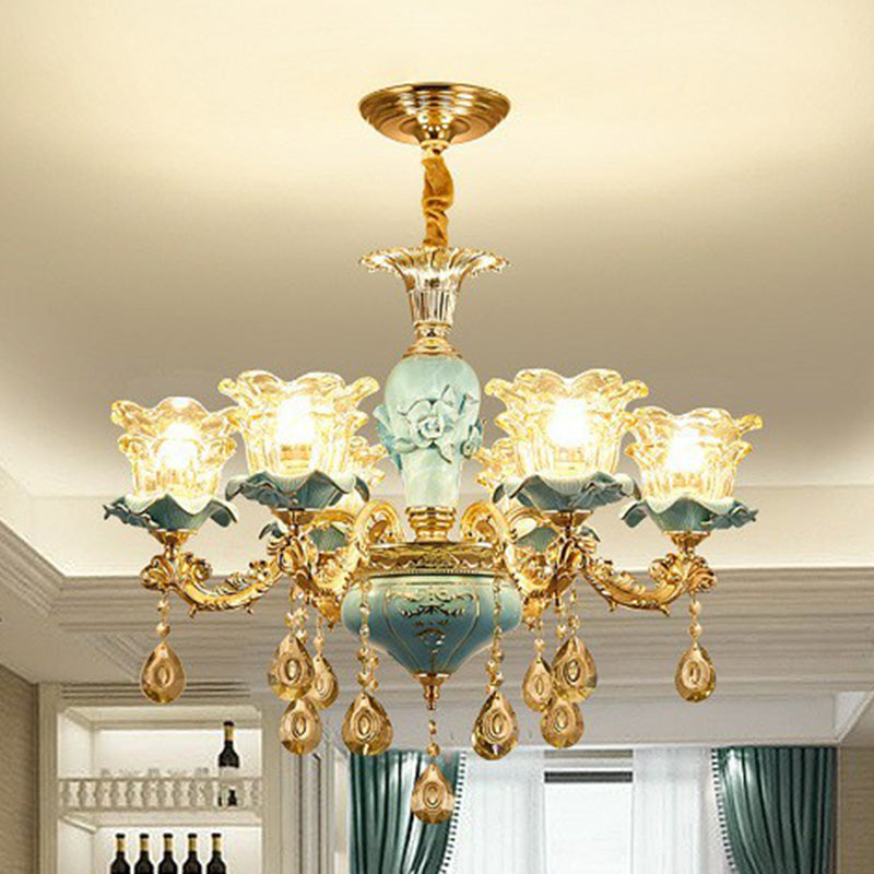 Blue Layered Flower Up Chandelier Traditional Clear Crystal Glass Bedroom Suspension Light Clearhalo 'Ceiling Lights' 'Chandeliers' Lighting' 2405722