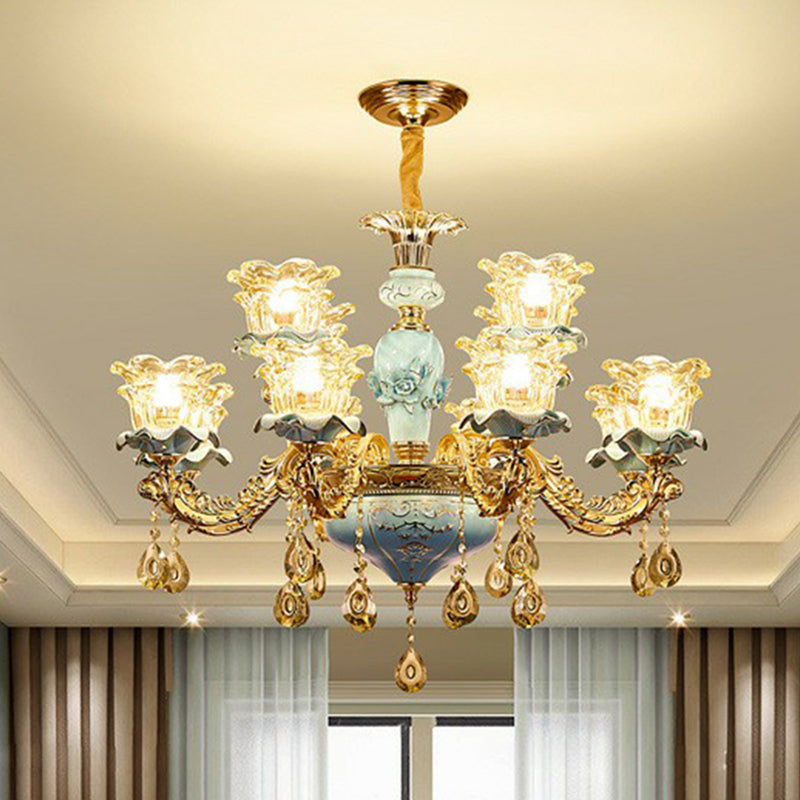 Blue Layered Flower Up Chandelier Traditional Clear Crystal Glass Bedroom Suspension Light Clearhalo 'Ceiling Lights' 'Chandeliers' Lighting' 2405723