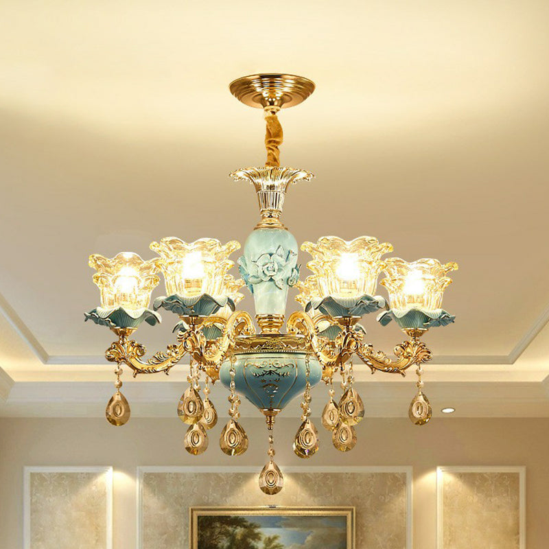 Blue Layered Flower Up Chandelier Traditional Clear Crystal Glass Bedroom Suspension Light 6 Blue Clearhalo 'Ceiling Lights' 'Chandeliers' Lighting' 2405726