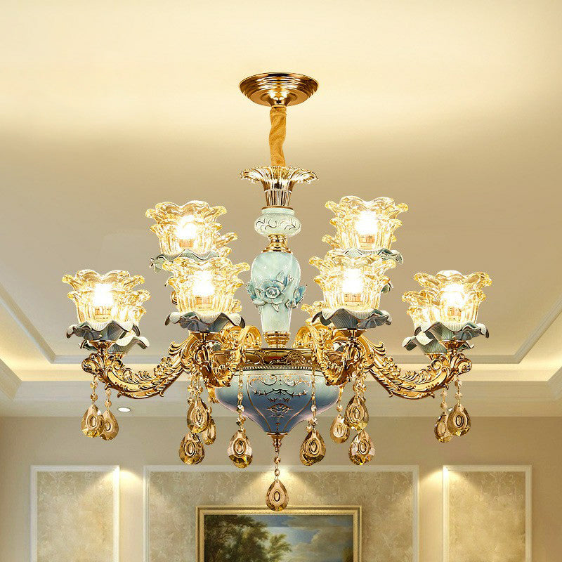 Blue Layered Flower Up Chandelier Traditional Clear Crystal Glass Bedroom Suspension Light 12 Blue Clearhalo 'Ceiling Lights' 'Chandeliers' Lighting' 2405728