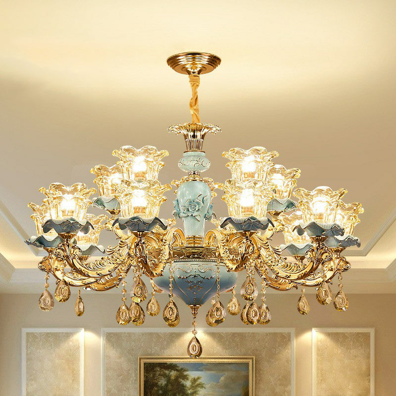 Blue Layered Flower Up Chandelier Traditional Clear Crystal Glass Bedroom Suspension Light 15 Blue Clearhalo 'Ceiling Lights' 'Chandeliers' Lighting' 2405729