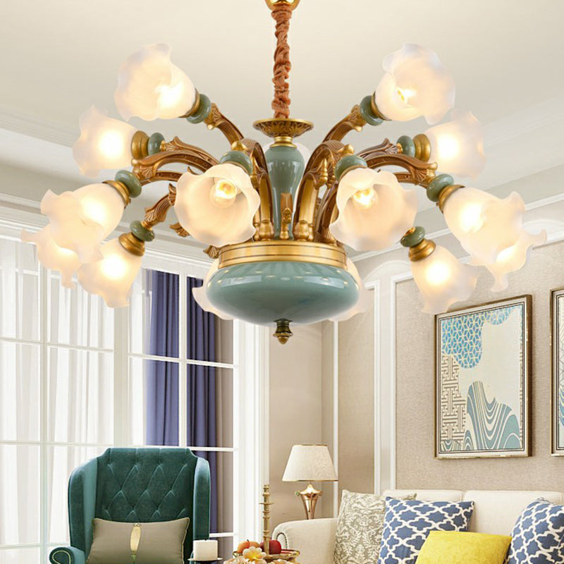 Flower Opal Frosted Glass Chandelier Vintage Living Room Hanging Light in Brown-Blue Clearhalo 'Ceiling Lights' 'Chandeliers' Lighting' 2405730