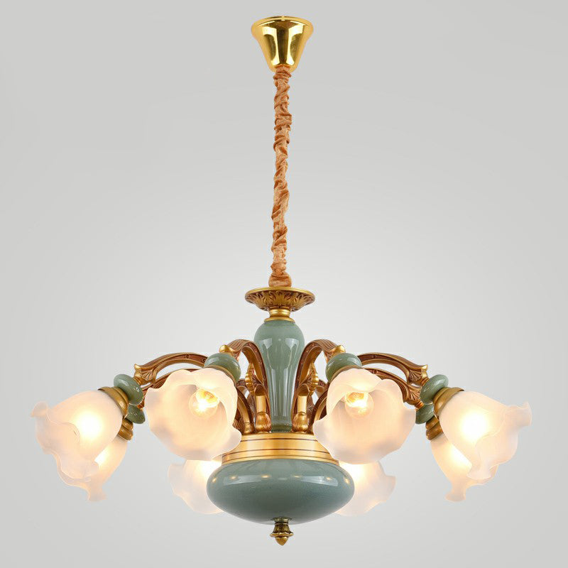 Flower Opal Frosted Glass Chandelier Vintage Living Room Hanging Light in Brown-Blue 8 Brown Clearhalo 'Ceiling Lights' 'Chandeliers' Lighting' 2405731