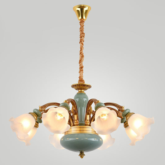 Flower Opal Frosted Glass Chandelier Vintage Living Room Hanging Light in Brown-Blue 8 Brown Clearhalo 'Ceiling Lights' 'Chandeliers' Lighting' 2405731