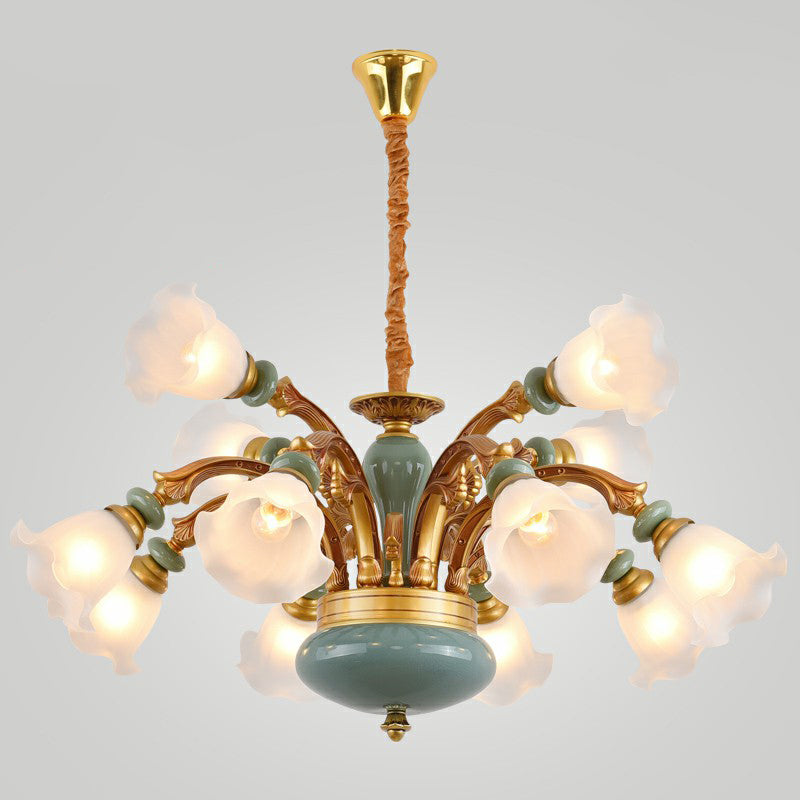 Flower Opal Frosted Glass Chandelier Vintage Living Room Hanging Light in Brown-Blue 12 Brown Clearhalo 'Ceiling Lights' 'Chandeliers' Lighting' 2405732