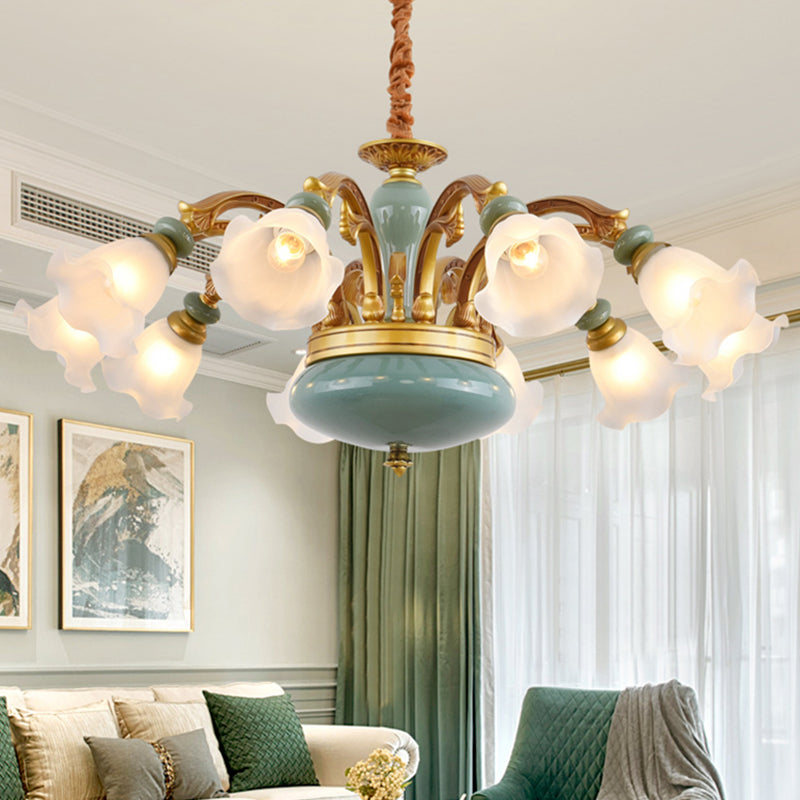 Flower Opal Frosted Glass Chandelier Vintage Living Room Hanging Light in Brown-Blue Clearhalo 'Ceiling Lights' 'Chandeliers' Lighting' 2405733