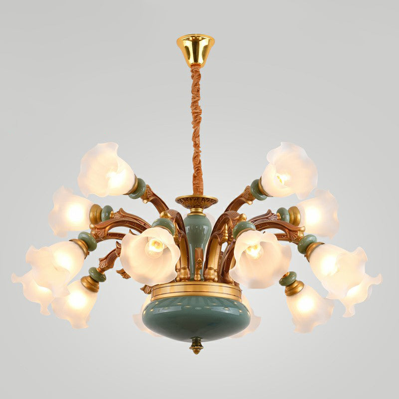 Flower Opal Frosted Glass Chandelier Vintage Living Room Hanging Light in Brown-Blue 15 Brown Clearhalo 'Ceiling Lights' 'Chandeliers' Lighting' 2405734