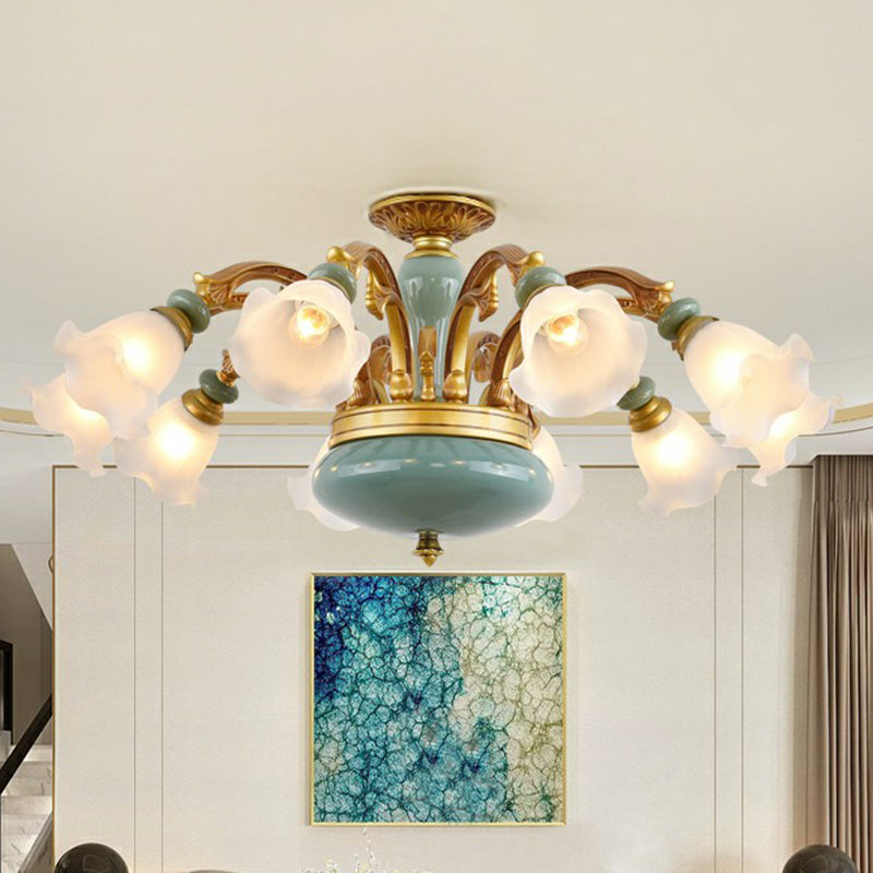 Flower Opal Frosted Glass Chandelier Vintage Living Room Hanging Light in Brown-Blue Clearhalo 'Ceiling Lights' 'Chandeliers' Lighting' 2405735