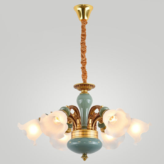 Flower Opal Frosted Glass Chandelier Vintage Living Room Hanging Light in Brown-Blue 6 Brown Clearhalo 'Ceiling Lights' 'Chandeliers' Lighting' 2405736