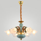 Flower Opal Frosted Glass Chandelier Vintage Living Room Hanging Light in Brown-Blue 6 Brown Clearhalo 'Ceiling Lights' 'Chandeliers' Lighting' 2405736