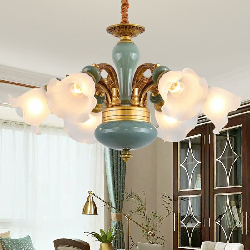 Flower Opal Frosted Glass Chandelier Vintage Living Room Hanging Light in Brown-Blue Clearhalo 'Ceiling Lights' 'Chandeliers' Lighting' 2405737