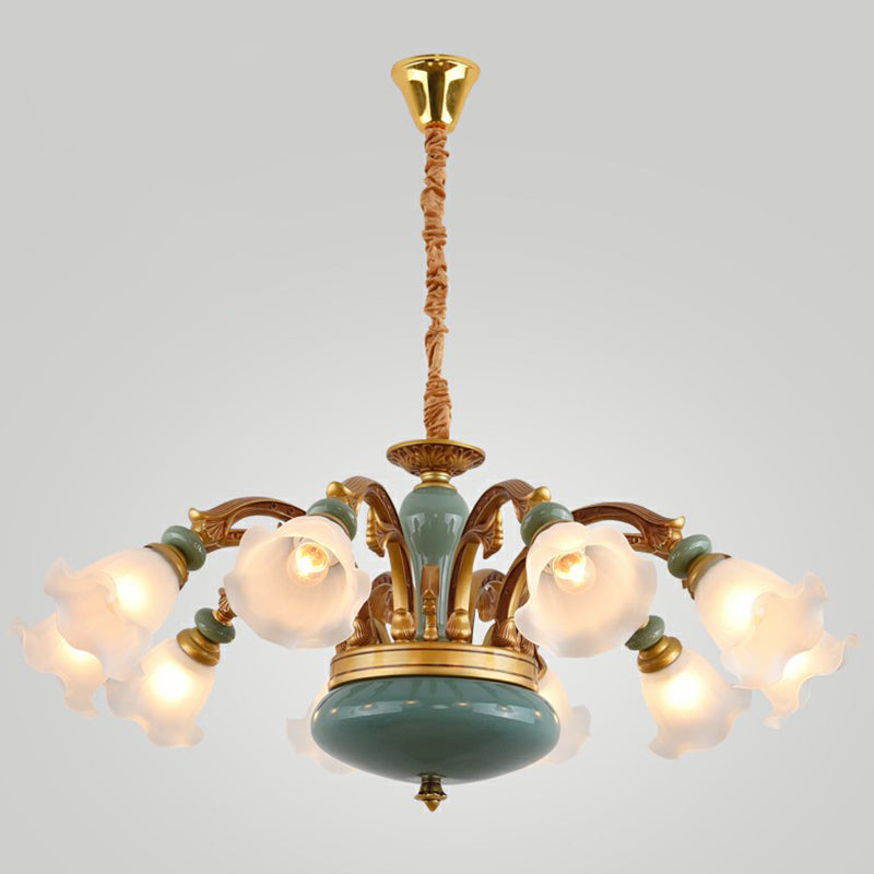 Flower Opal Frosted Glass Chandelier Vintage Living Room Hanging Light in Brown-Blue 10 Brown Clearhalo 'Ceiling Lights' 'Chandeliers' Lighting' 2405738