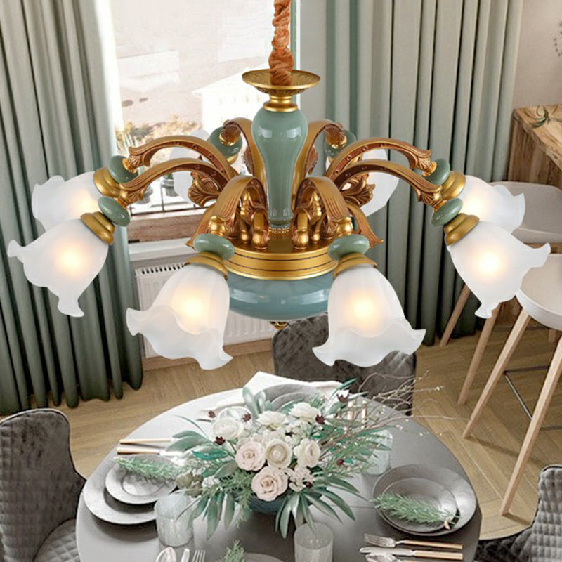 Flower Opal Frosted Glass Chandelier Vintage Living Room Hanging Light in Brown-Blue Clearhalo 'Ceiling Lights' 'Chandeliers' Lighting' 2405739