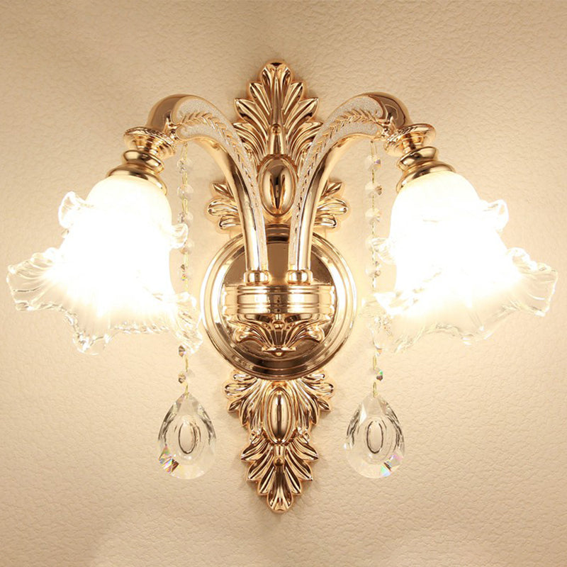 Silver Finish Wall Light Vintage Frosted Glass Blossom Sconce Lighting with Crystal Deco 2.0 Silver Down Clearhalo 'Wall Lamps & Sconces' 'Wall Lights' Lighting' 2405798