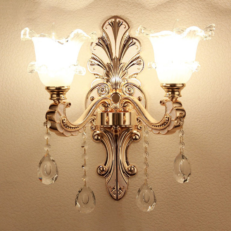 Silver Finish Wall Light Vintage Frosted Glass Blossom Sconce Lighting with Crystal Deco 2.0 Silver Flower Shape Clearhalo 'Wall Lamps & Sconces' 'Wall Lights' Lighting' 2405801