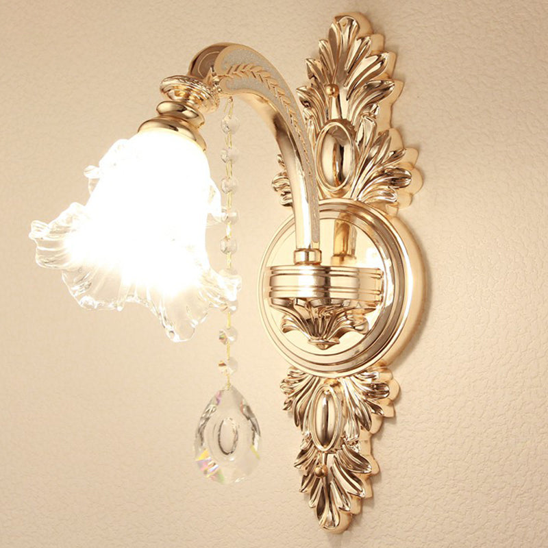 Silver Finish Wall Light Vintage Frosted Glass Blossom Sconce Lighting with Crystal Deco 1.0 Silver Down Clearhalo 'Wall Lamps & Sconces' 'Wall Lights' Lighting' 2405802