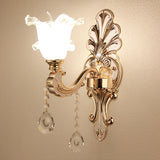 Silver Finish Wall Light Vintage Frosted Glass Blossom Sconce Lighting with Crystal Deco 1.0 Silver Flower Shape Clearhalo 'Wall Lamps & Sconces' 'Wall Lights' Lighting' 2405803