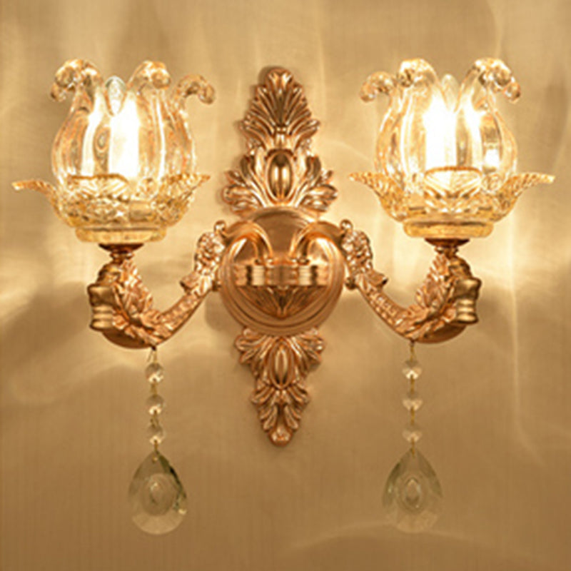 Floral Glass Wall Lighting Fixture Traditional 2-Light Corridor Wall Mount Lamp in Gold Clear Flower Shape Clearhalo 'Wall Lamps & Sconces' 'Wall Lights' Lighting' 2405806