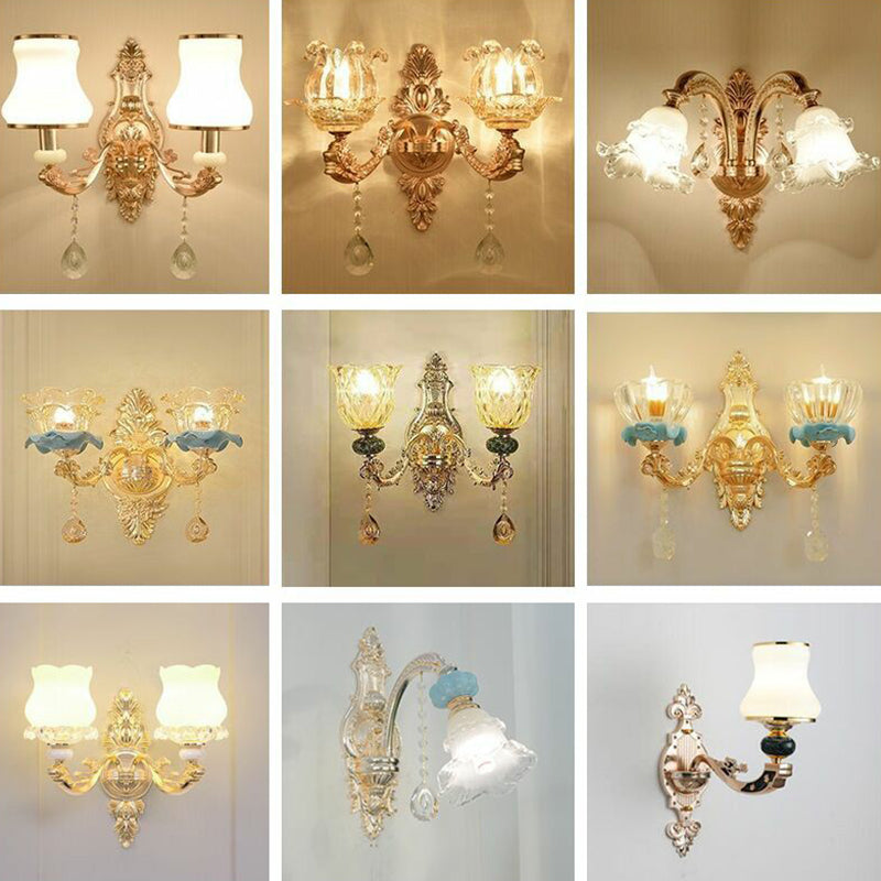 Floral Glass Wall Lighting Fixture Traditional 2-Light Corridor Wall Mount Lamp in Gold Clearhalo 'Wall Lamps & Sconces' 'Wall Lights' Lighting' 2405807