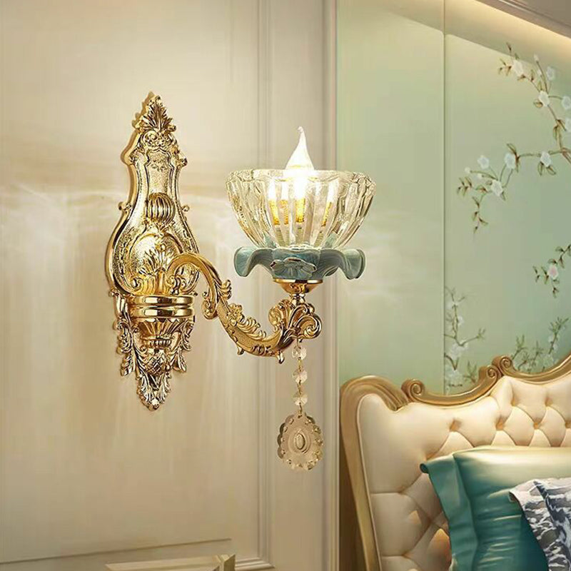 Floral Glass Wall Lighting Fixture Traditional 2-Light Corridor Wall Mount Lamp in Gold Clearhalo 'Wall Lamps & Sconces' 'Wall Lights' Lighting' 2405809