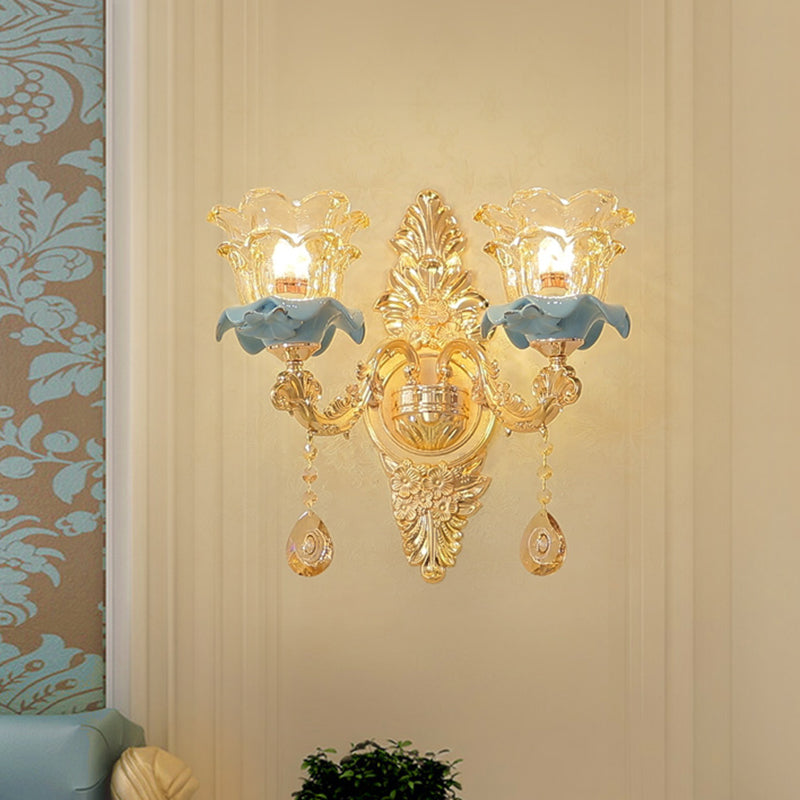 Floral Glass Wall Lighting Fixture Traditional 2-Light Corridor Wall Mount Lamp in Gold Clear with Lace Clearhalo 'Wall Lamps & Sconces' 'Wall Lights' Lighting' 2405812