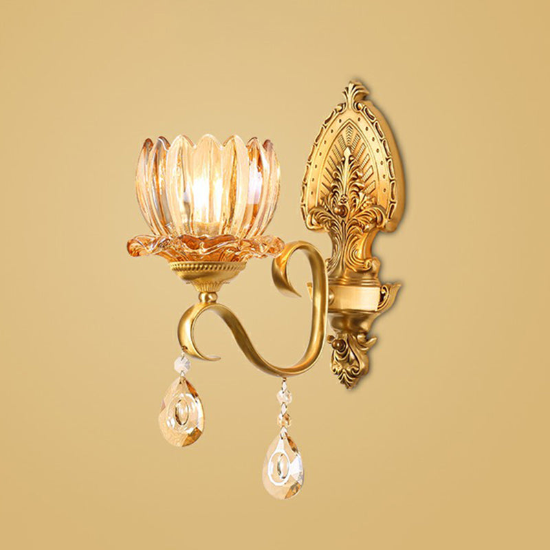 Flower Living Room Wall Sconce Retro Clear Prismatic Glass Brass Wall Light with Decorative Crystal 1.0 Brass Flower Clearhalo 'Wall Lamps & Sconces' 'Wall Lights' Lighting' 2405814