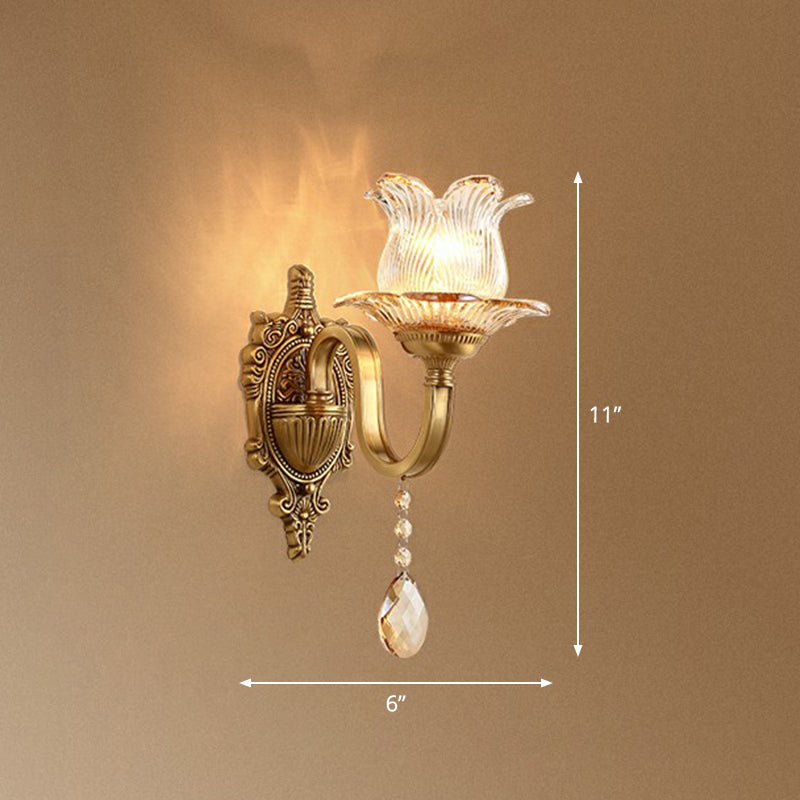 Flower Living Room Wall Sconce Retro Clear Prismatic Glass Brass Wall Light with Decorative Crystal 1.0 Brass with Lace Clearhalo 'Wall Lamps & Sconces' 'Wall Lights' Lighting' 2405815