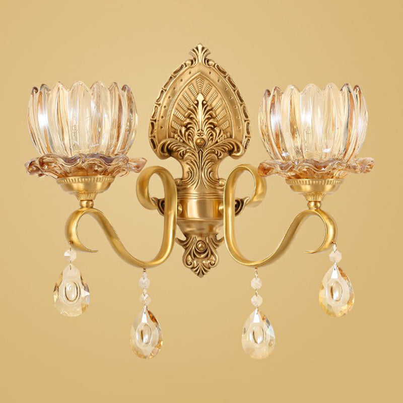 Flower Living Room Wall Sconce Retro Clear Prismatic Glass Brass Wall Light with Decorative Crystal 2.0 Brass Flower Clearhalo 'Wall Lamps & Sconces' 'Wall Lights' Lighting' 2405817