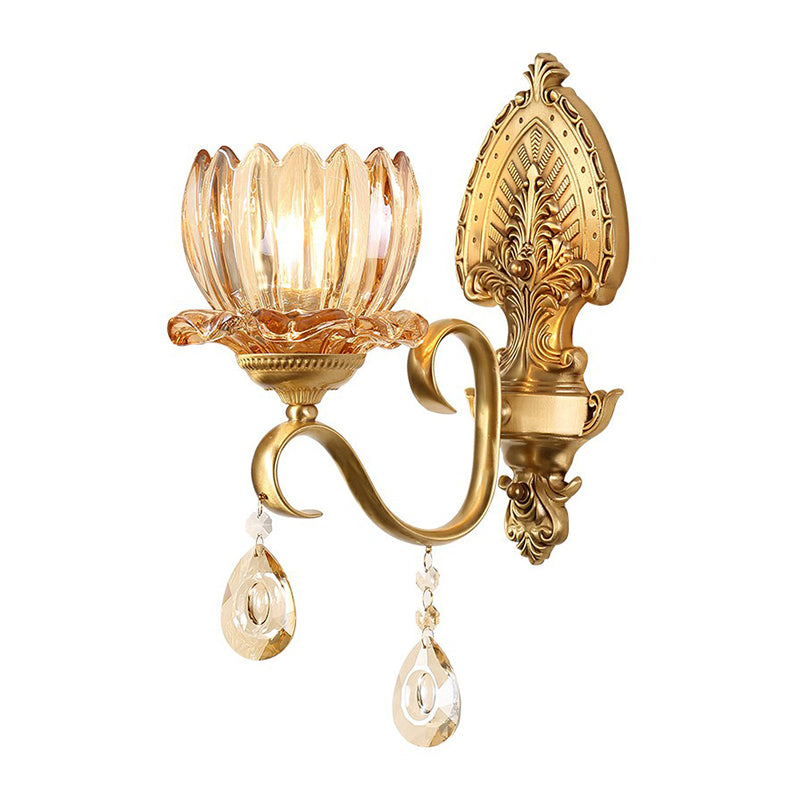 Flower Living Room Wall Sconce Retro Clear Prismatic Glass Brass Wall Light with Decorative Crystal Clearhalo 'Wall Lamps & Sconces' 'Wall Lights' Lighting' 2405818