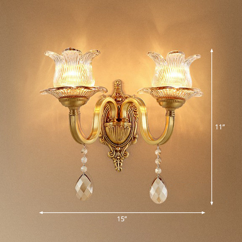 Flower Living Room Wall Sconce Retro Clear Prismatic Glass Brass Wall Light with Decorative Crystal 2.0 Brass with Lace Clearhalo 'Wall Lamps & Sconces' 'Wall Lights' Lighting' 2405819