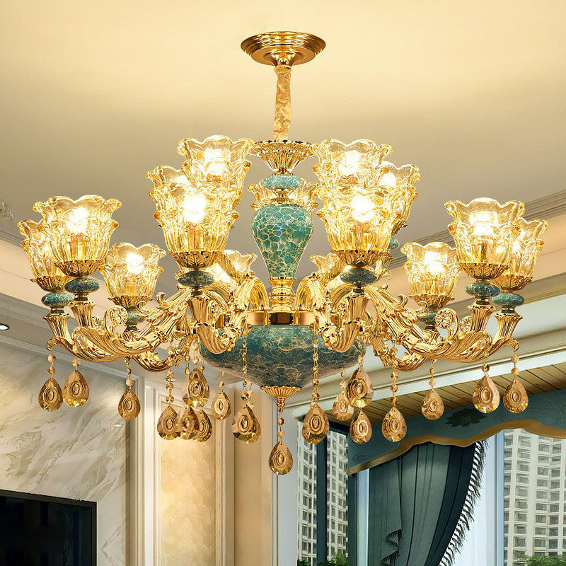 Luxurious Traditional Flower Up Chandelier Clear Glass Suspension Light in Blue with Crystal Drops Clearhalo 'Ceiling Lights' 'Chandeliers' Lighting' 2405821