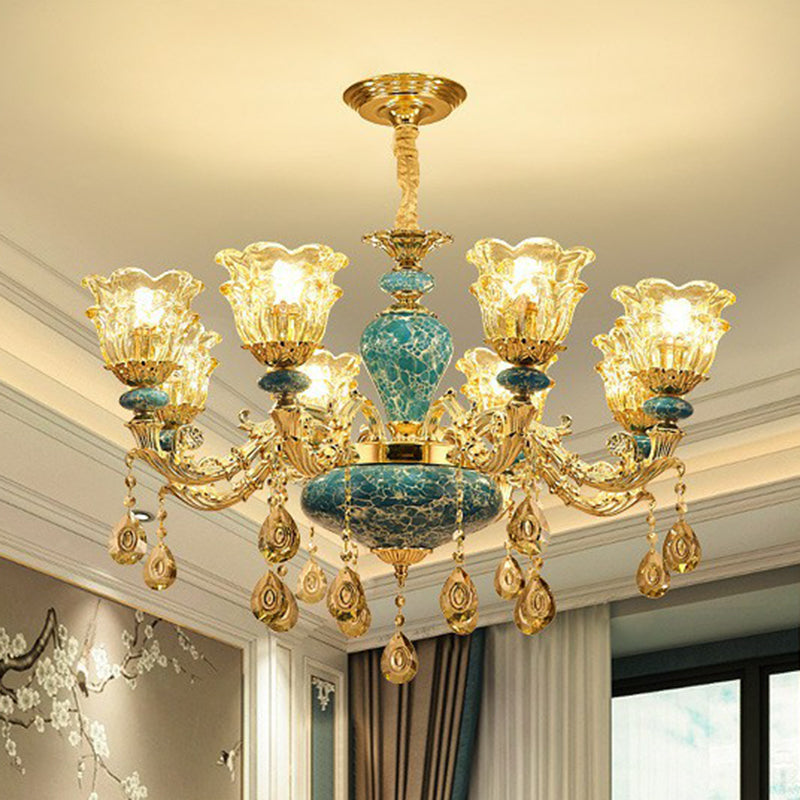 Luxurious Traditional Flower Up Chandelier Clear Glass Suspension Light in Blue with Crystal Drops Clearhalo 'Ceiling Lights' 'Chandeliers' Lighting' 2405822