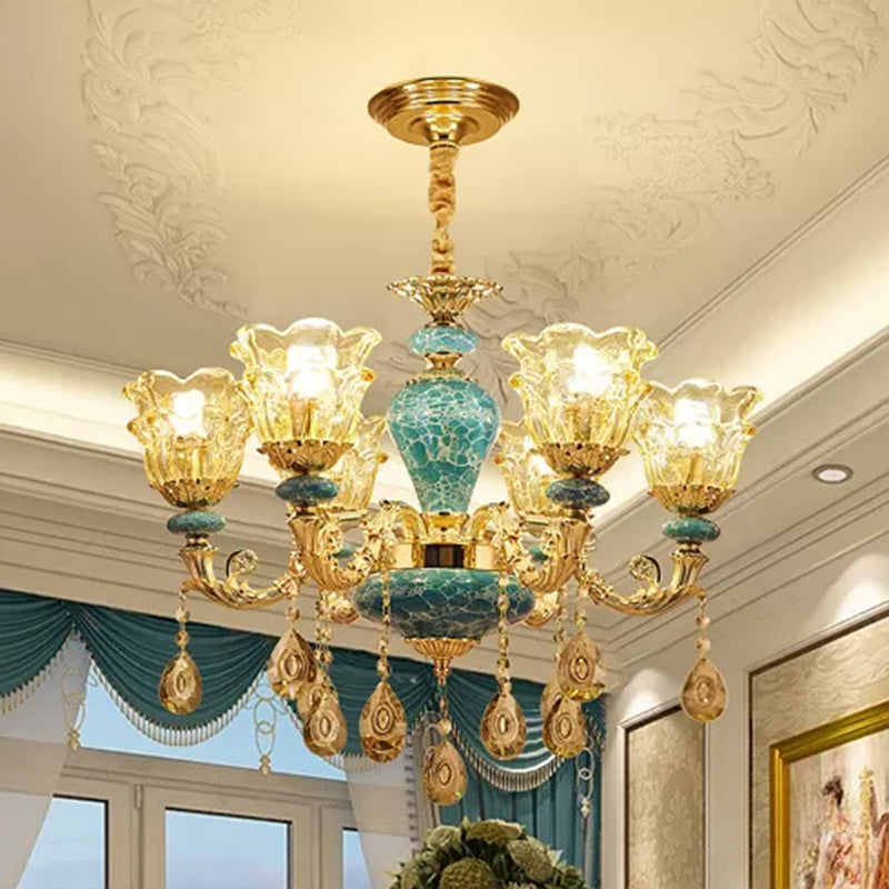 Luxurious Traditional Flower Up Chandelier Clear Glass Suspension Light in Blue with Crystal Drops Clearhalo 'Ceiling Lights' 'Chandeliers' Lighting' 2405823