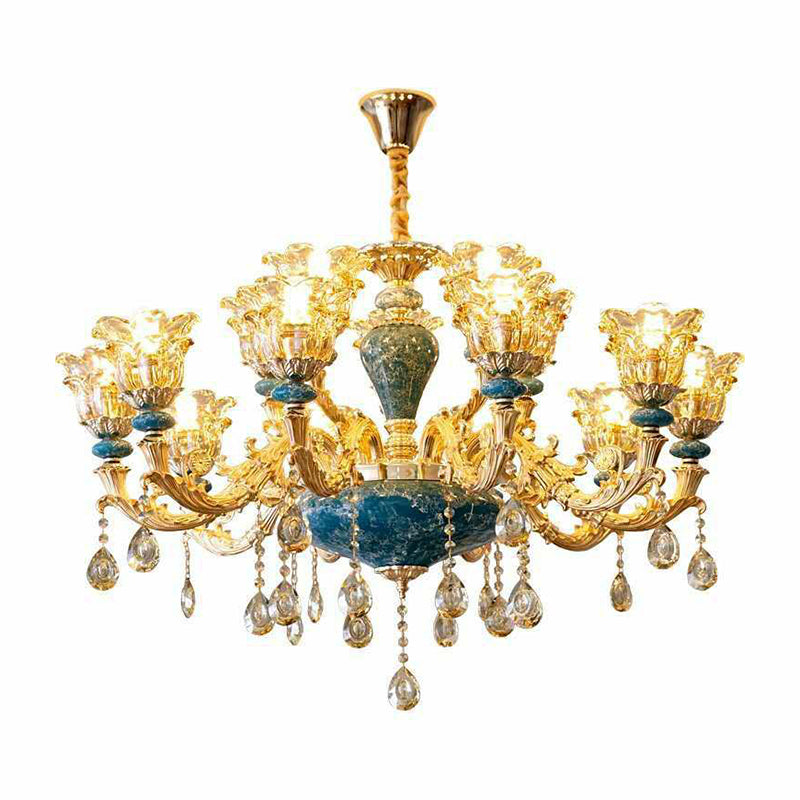 Luxurious Traditional Flower Up Chandelier Clear Glass Suspension Light in Blue with Crystal Drops Clearhalo 'Ceiling Lights' 'Chandeliers' Lighting' 2405824