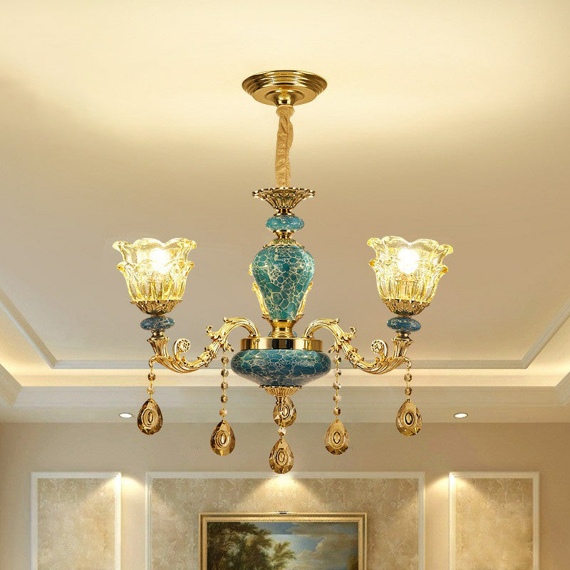 Luxurious Traditional Flower Up Chandelier Clear Glass Suspension Light in Blue with Crystal Drops 3 Blue Clearhalo 'Ceiling Lights' 'Chandeliers' Lighting' 2405826