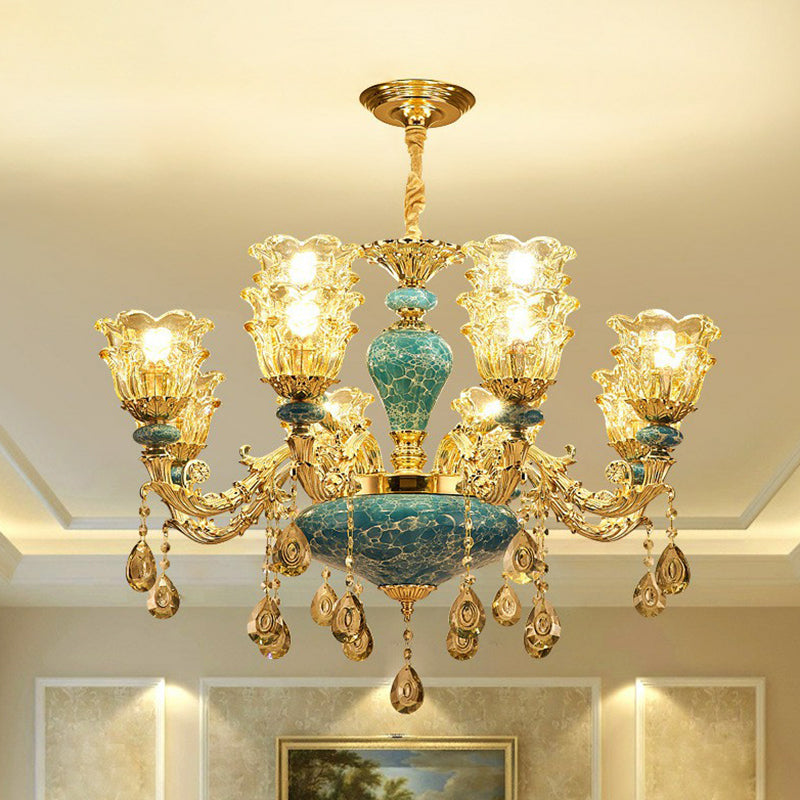 Luxurious Traditional Flower Up Chandelier Clear Glass Suspension Light in Blue with Crystal Drops 12 Blue Clearhalo 'Ceiling Lights' 'Chandeliers' Lighting' 2405831