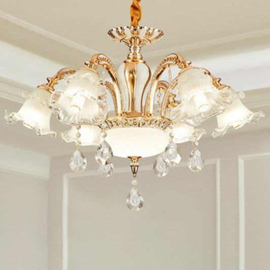 Ruffled Hanging Light Transitional Frosted Glass Ceiling Chandelier for Living Room 6 Gold Clearhalo 'Ceiling Lights' 'Chandeliers' Lighting' 2405837