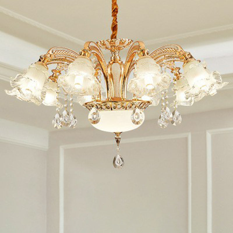 Ruffled Hanging Light Transitional Frosted Glass Ceiling Chandelier for Living Room 10 Gold Clearhalo 'Ceiling Lights' 'Chandeliers' Lighting' 2405838