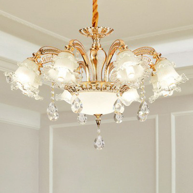 Ruffled Hanging Light Transitional Frosted Glass Ceiling Chandelier for Living Room 8 Gold Clearhalo 'Ceiling Lights' 'Chandeliers' Lighting' 2405839